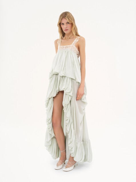 High-low ruffled dress in silk habotai & lace