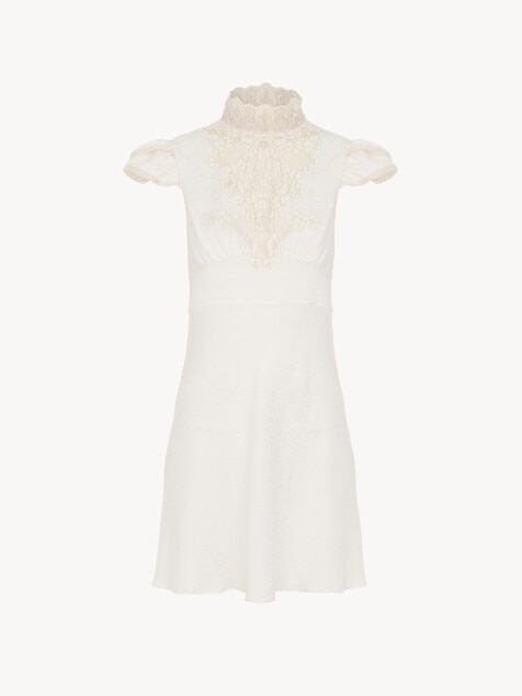 High-neck mini dress in jacquard silk & lace