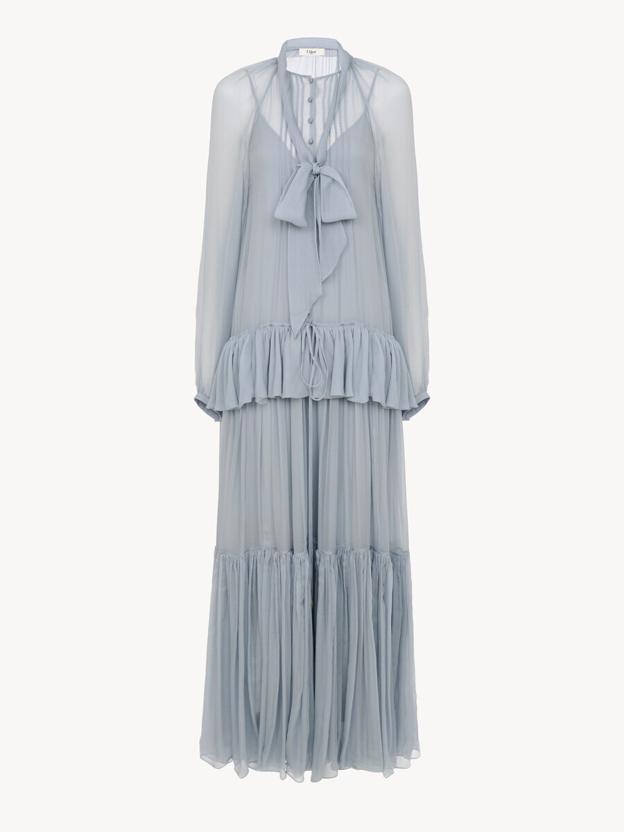 Fluid long dress in silk mousseline with lavalli&egrave;re tie - 2
