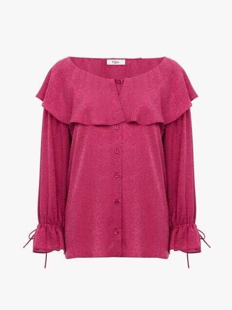 Round-neck ruffle blouse in silk jacquard