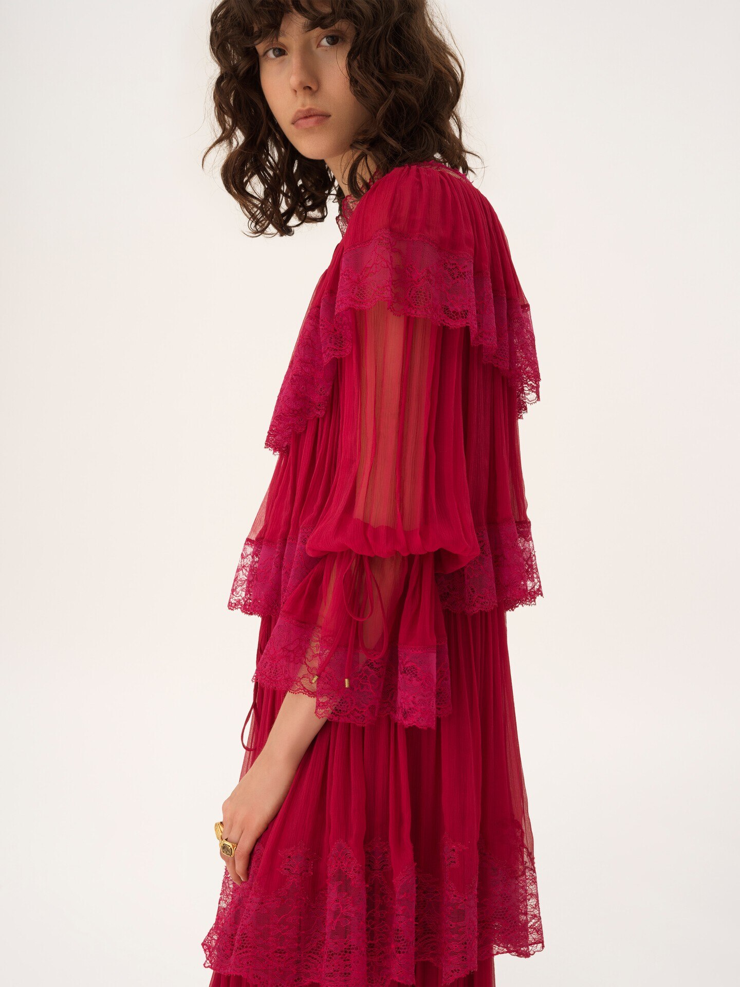 Long ruffled dress in silk mousseline & lace - 4.0