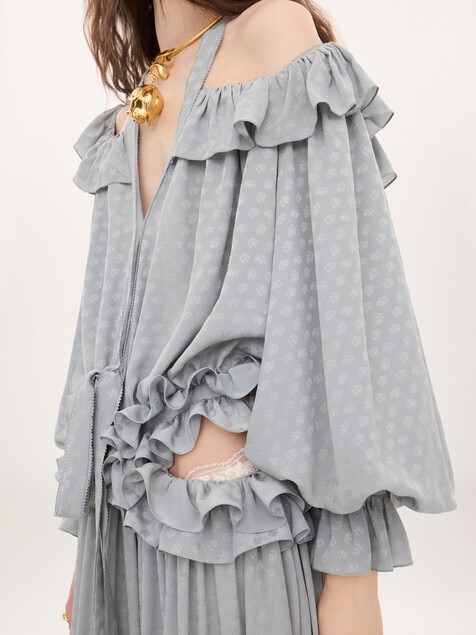 Long cut-out ruffled dress in silk jacquard