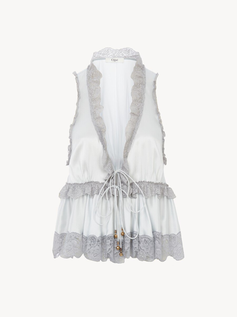 Tie-front sleeveless top in washed silk satin & lace - 2