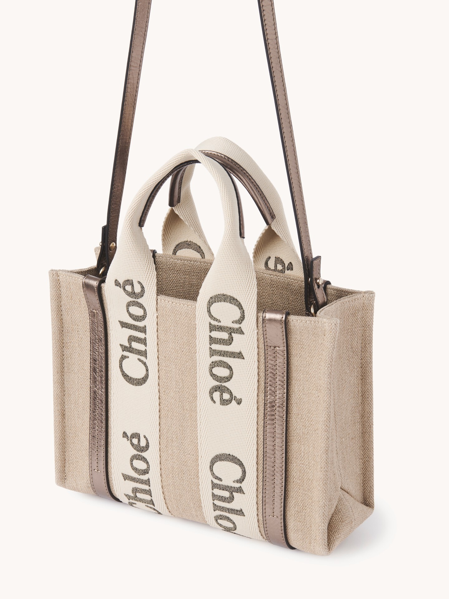 Small Woody tote bag in linen & leather - 4