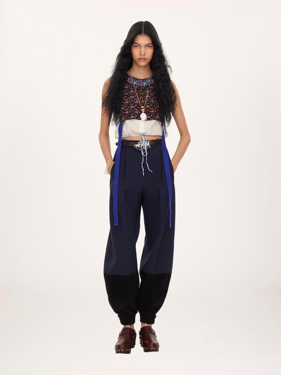 High-rise barrel pants in wool cr&ecirc;pe & suede leather