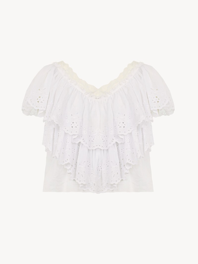 Cropped V-neck ruffle top in cotton voile & lace by Chloé