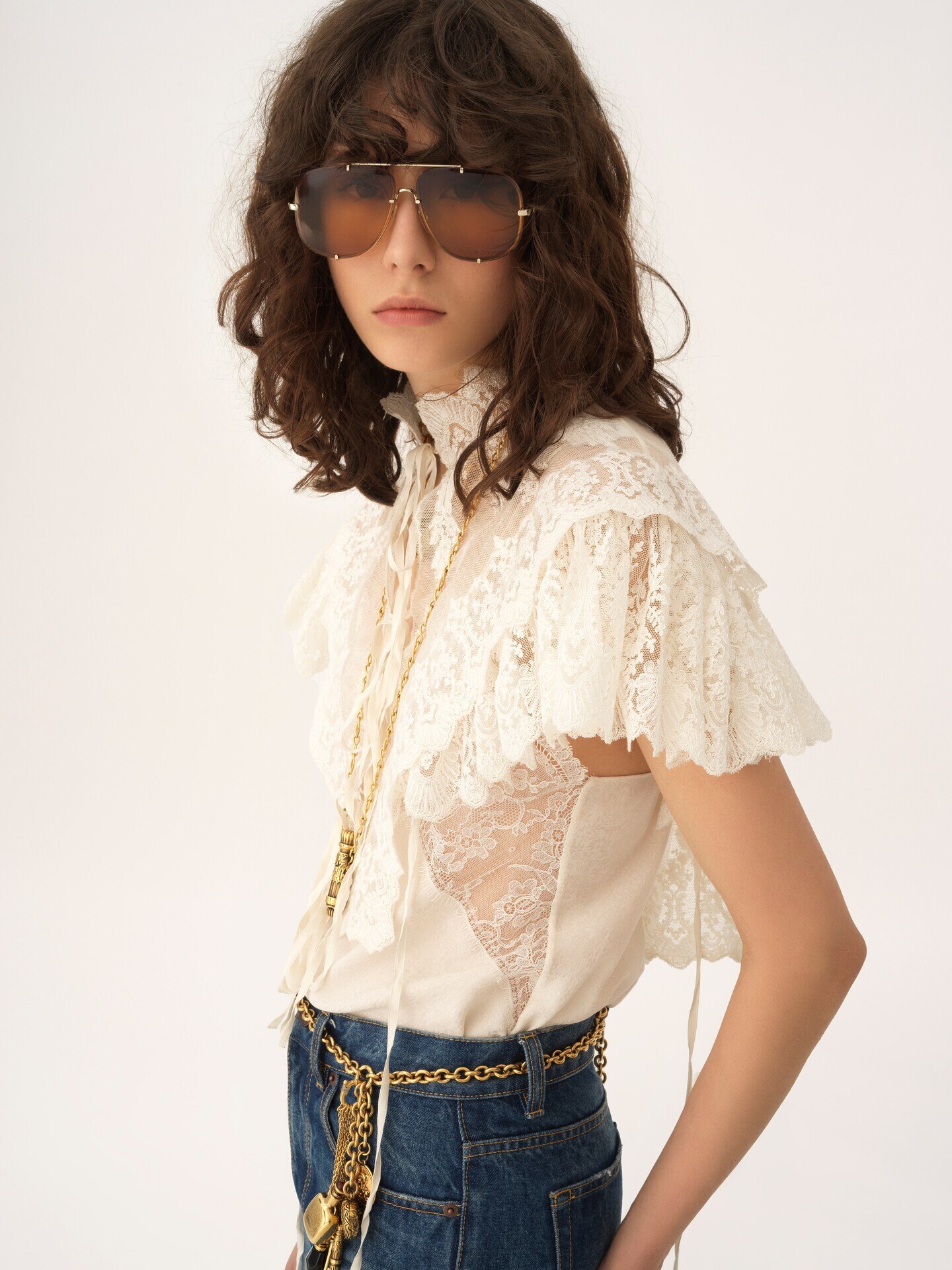 Top cropped de cuello alto de tul de algod&oacute;n y encaje - 7