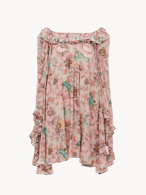 Square-neck ruffled mini dress in cr&ecirc;pe de chine