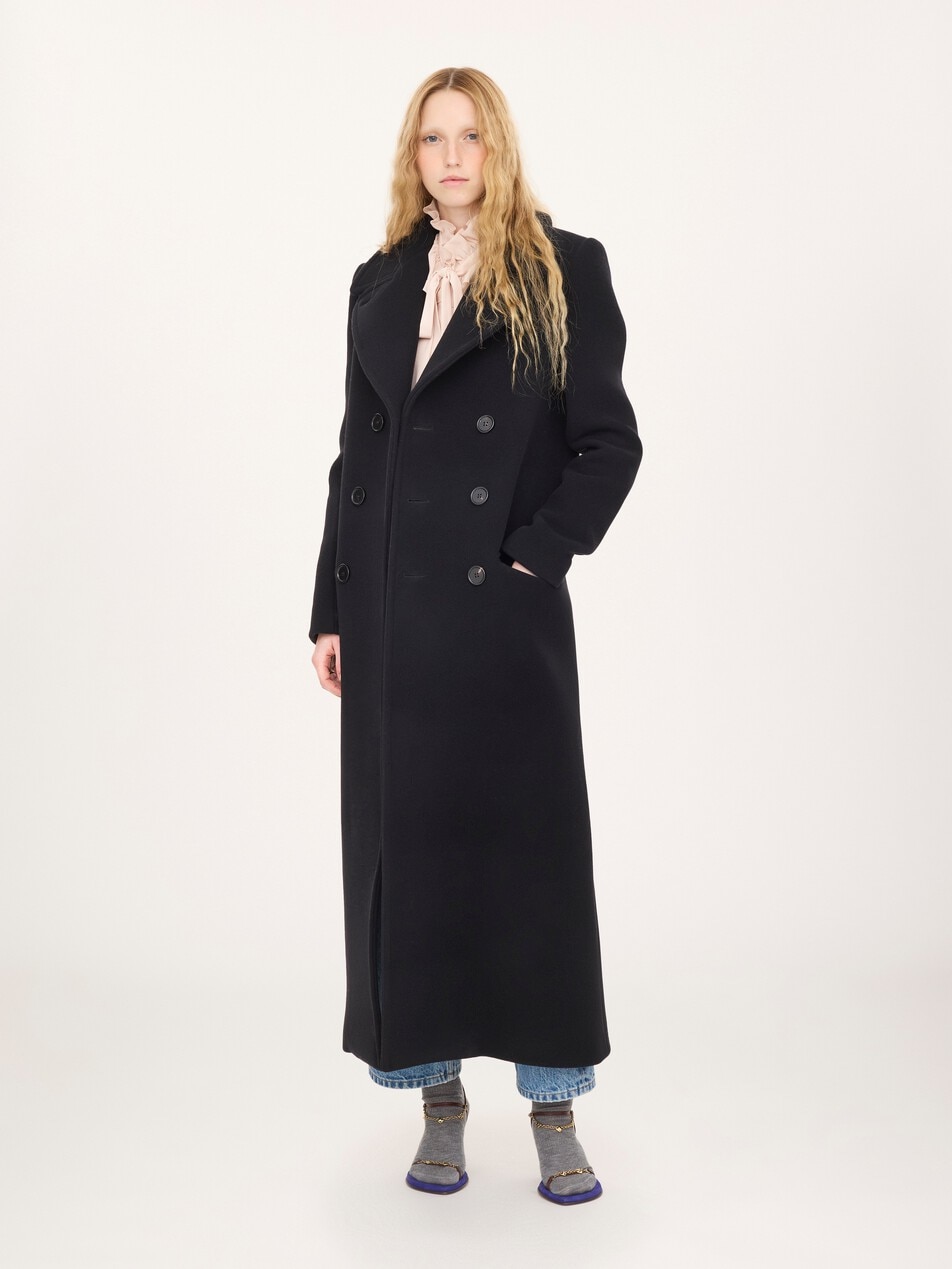 Long double-breasted coat in double-face wool