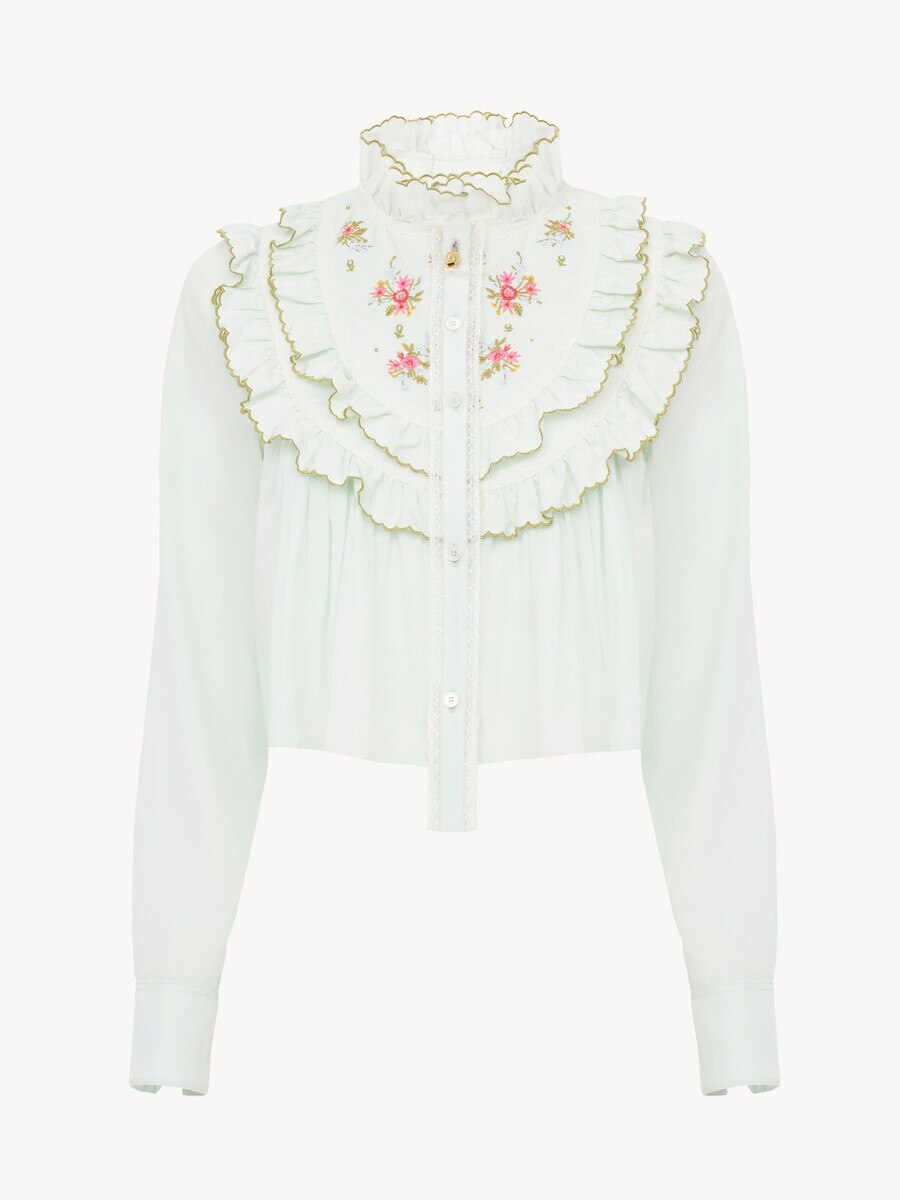 Blouse courte &agrave; volants en popeline de soie et coton - 2