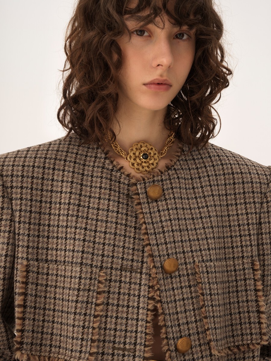 Manteau droit sans col en laine pied-de-poule - 6