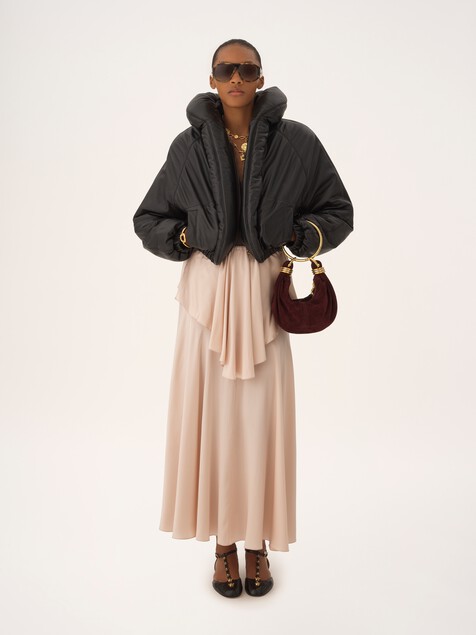 Fluid layered midi skirt in washed silk satin