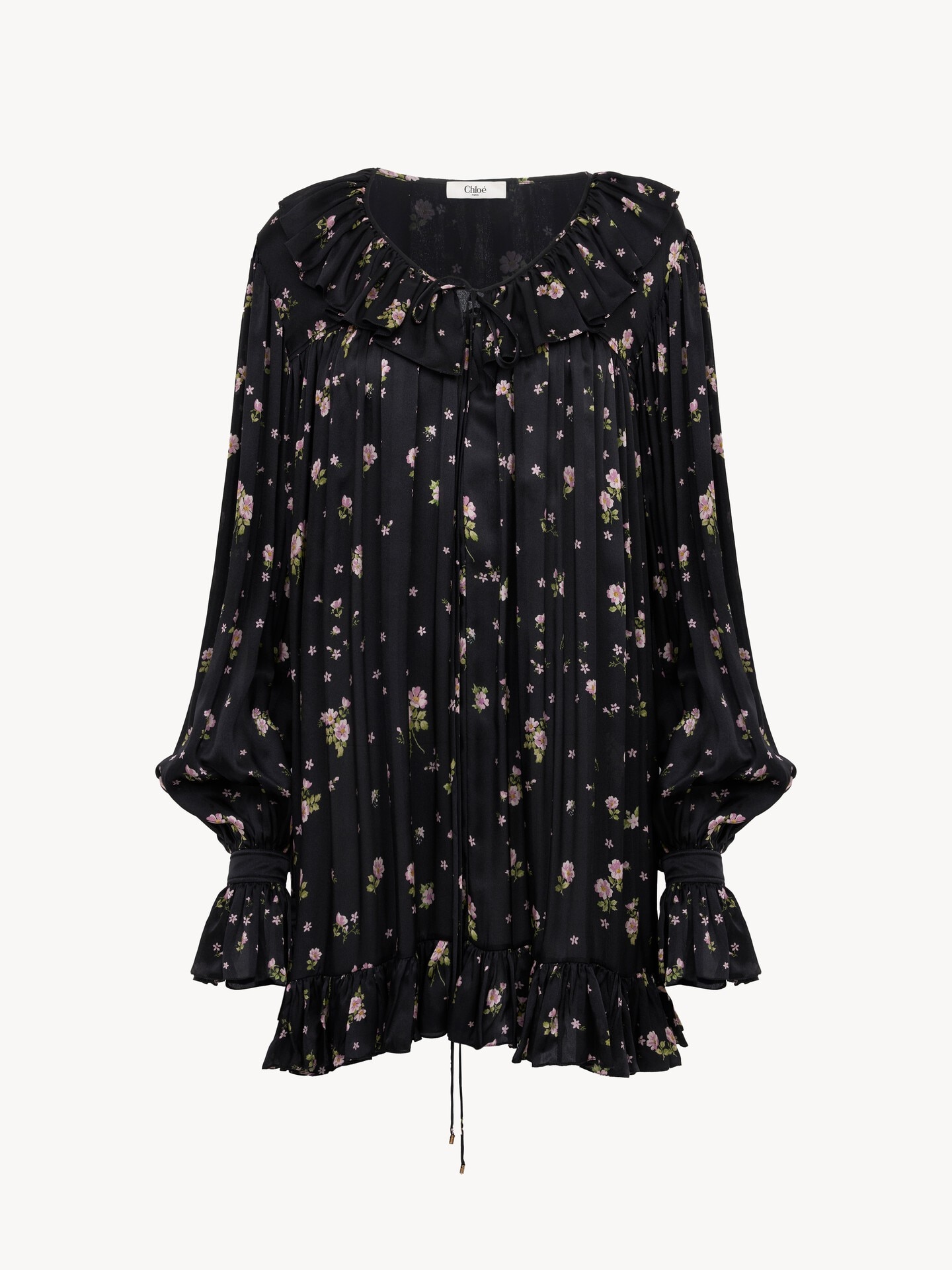 Gathered long-sleeve mini dress in silk charmeuse - 2