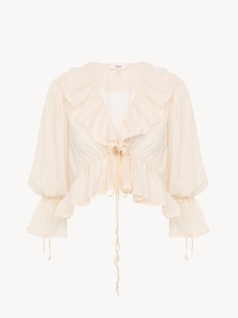 Cropped V-neck ruffle top in silk georgette & lace