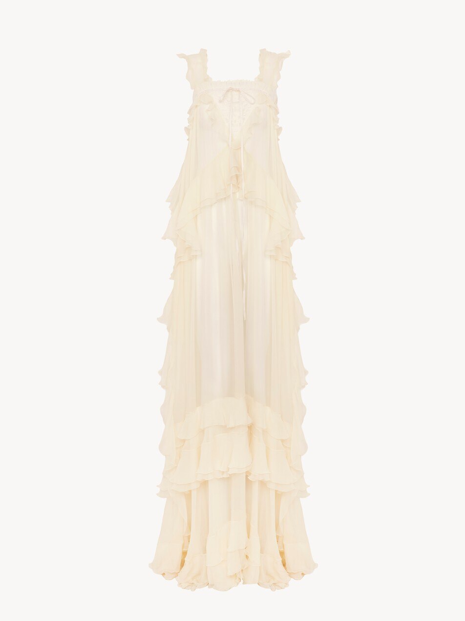 Robe longue sans manches &agrave; superpositions en mousseline de soie et dentelle