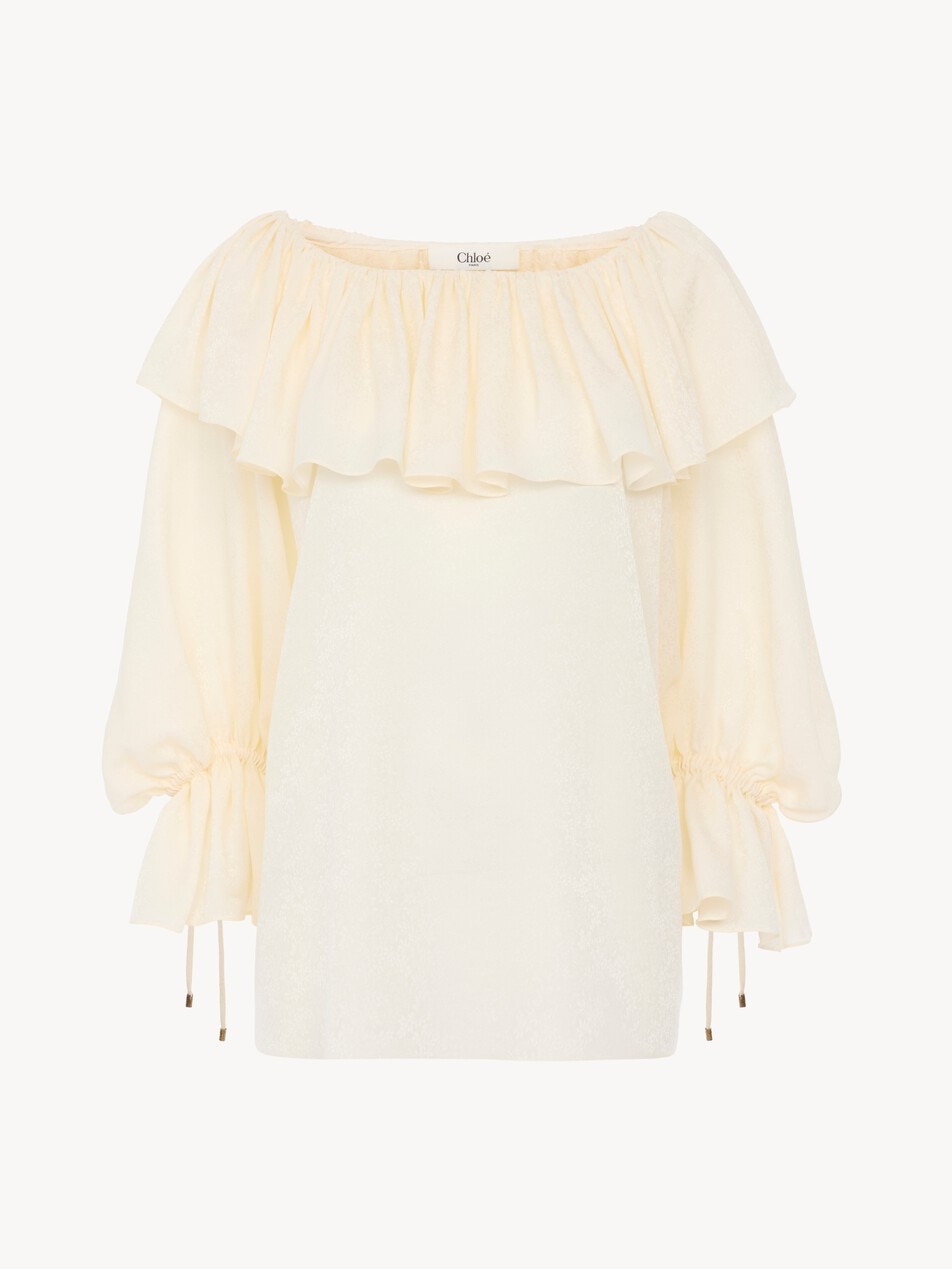 Fluid ruffle top in silk jacquard