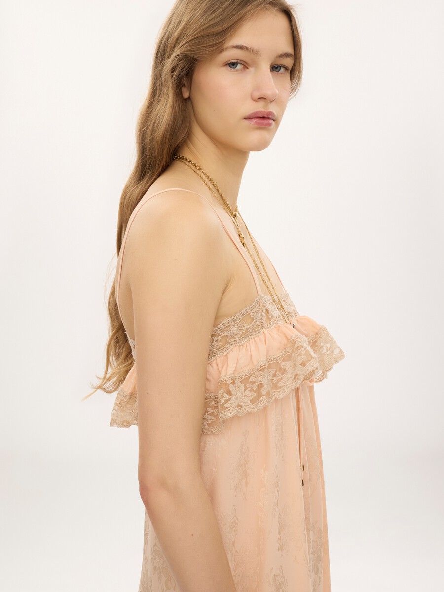 Thin-strap long dress in silk jacquard & lace - 6