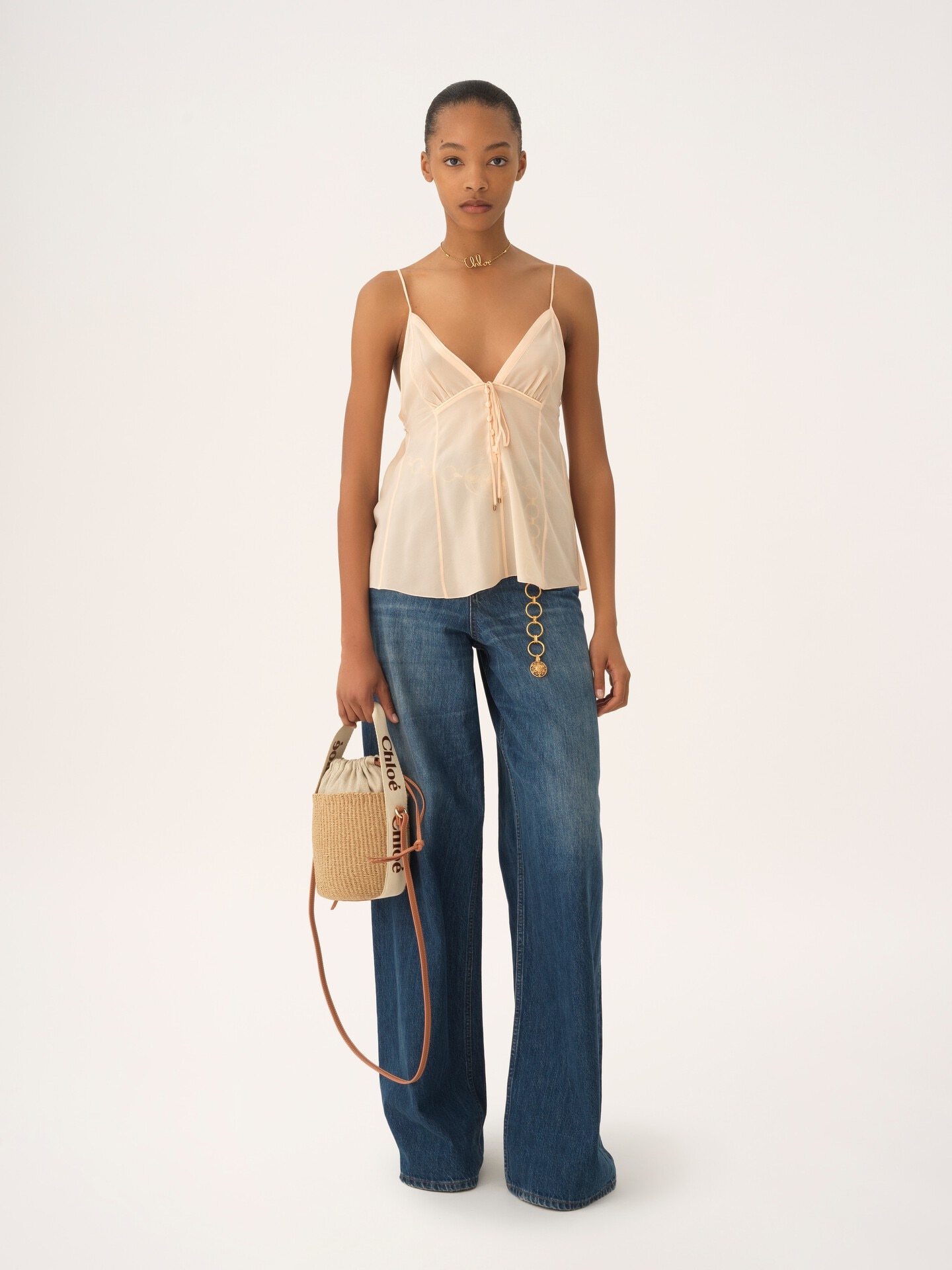 ナチュラルファイバー製Woodyスモールバスケットバッグ オレンジ - Chloé