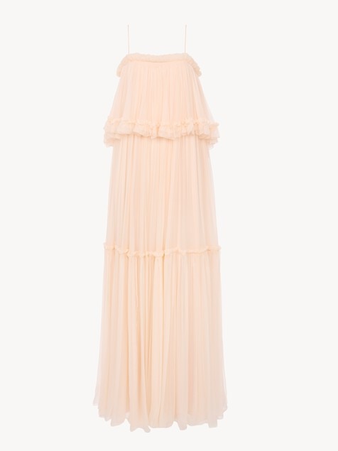 Robe longue &agrave; fines bretelles en mousseline de soie