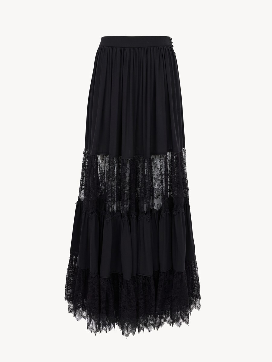Tiered long skirt in silk georgette & lace - 1