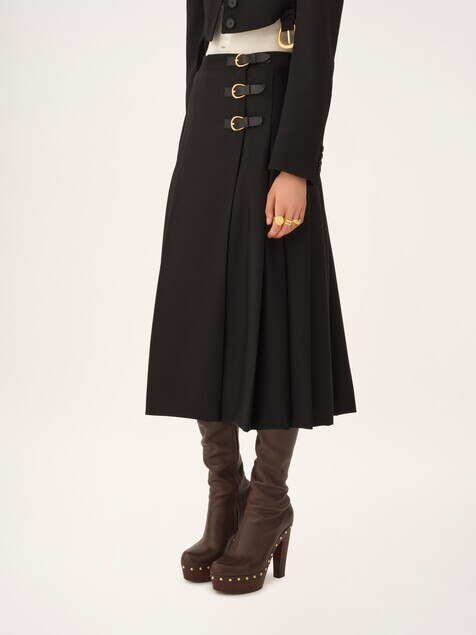 Jupe midi pliss&eacute;e en laine grain de poudre