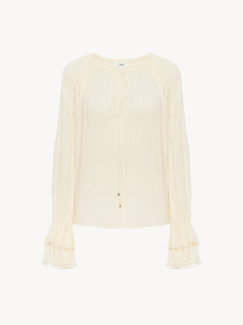 Gathered V-neck top in silk georgette