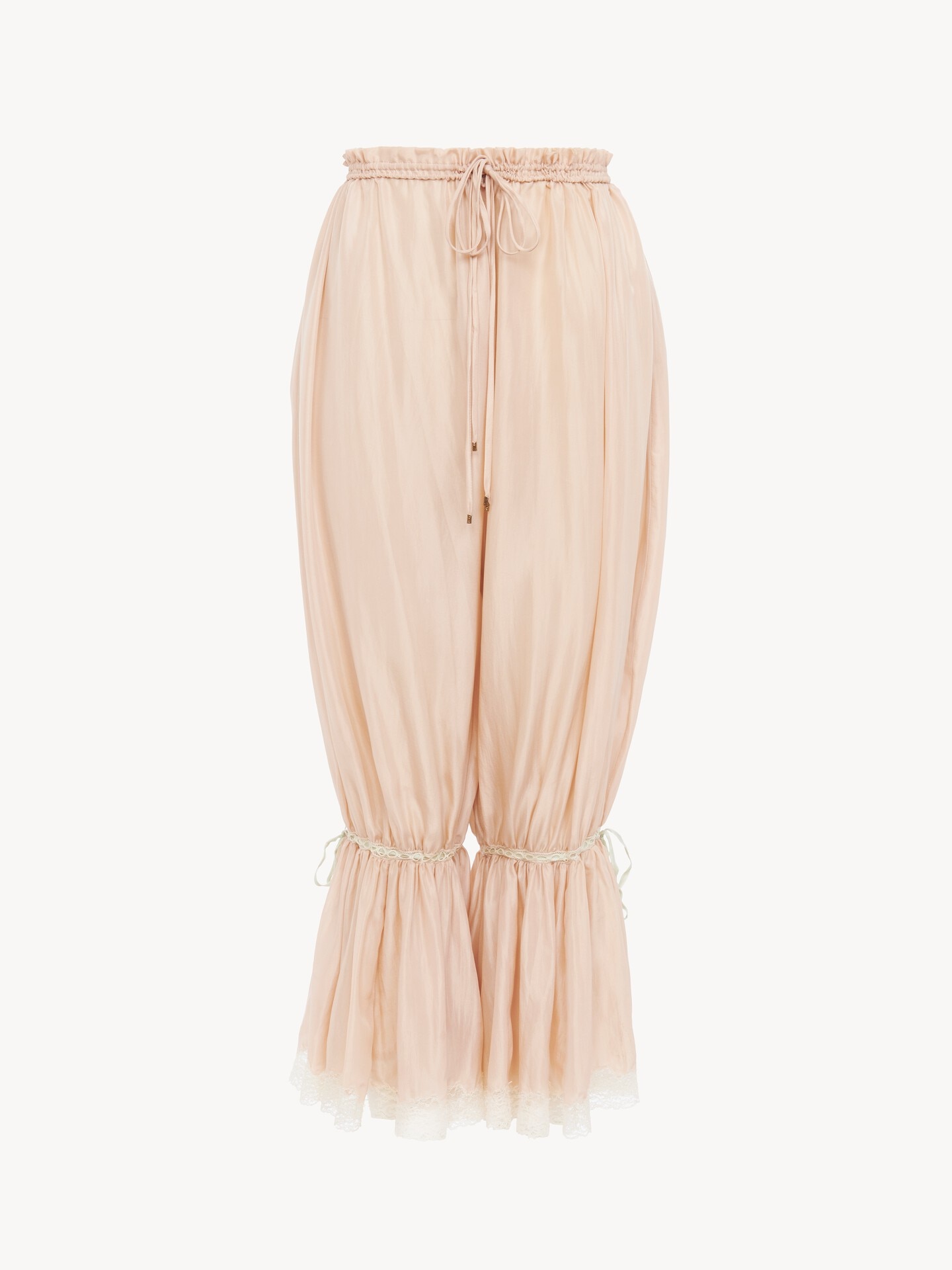 Pantaloni corti fluidi in seta pongé slavata e pizzo - 1