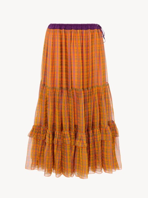 Ruffled long skirt in check silk mousseline