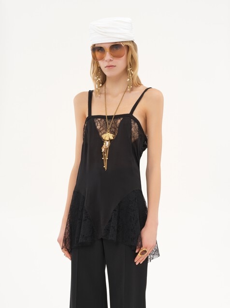 Sleeveless mini dress in silk charmeuse & lace