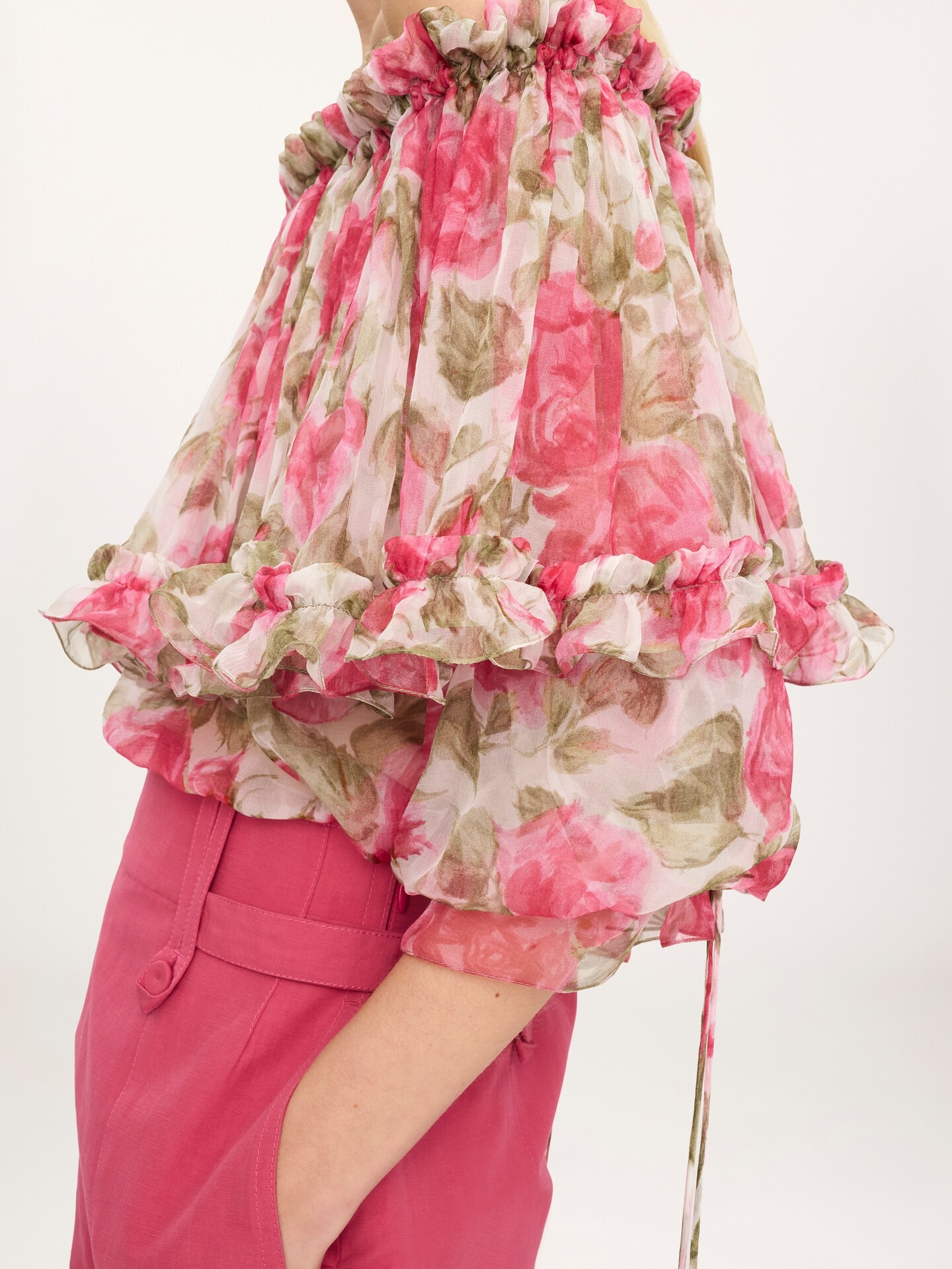 Top fluide encolure bardot &agrave; manches bouffante en mousseline de soie - 8