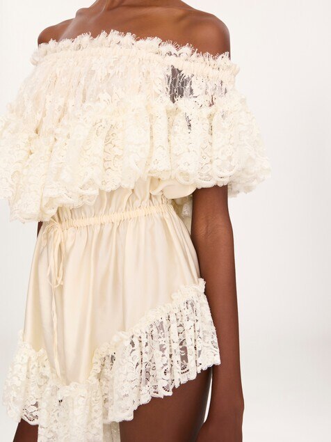 Mini off-the-shoulder playsuit in washed silk satin & lace