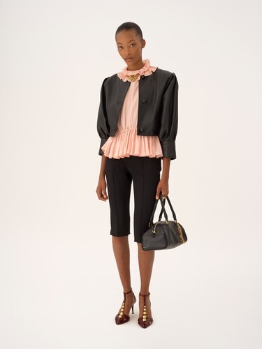 Cropped collarless jacket in leather - 3