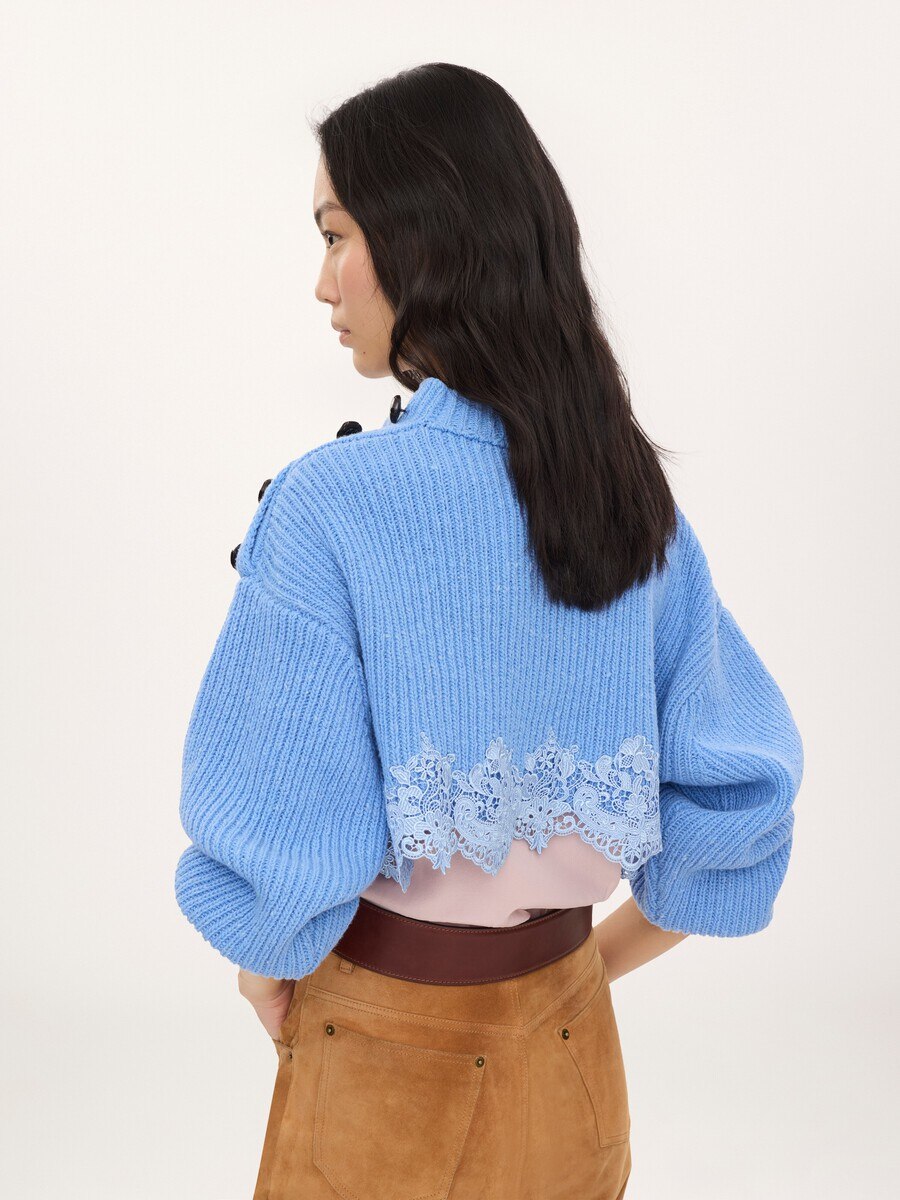 Pull court en maille de laine m&eacute;rinos et dentelle - 5