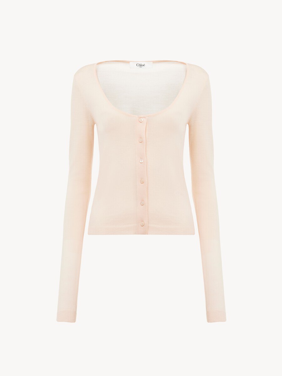 Scoop-neck fitted cardigan in superfine wool knit - 1