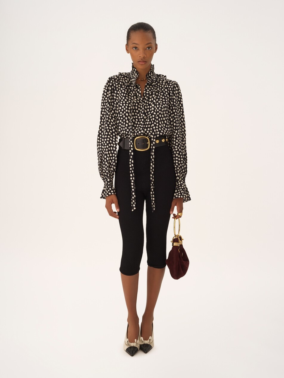 Tie-front ruffled blouse in silk jacquard