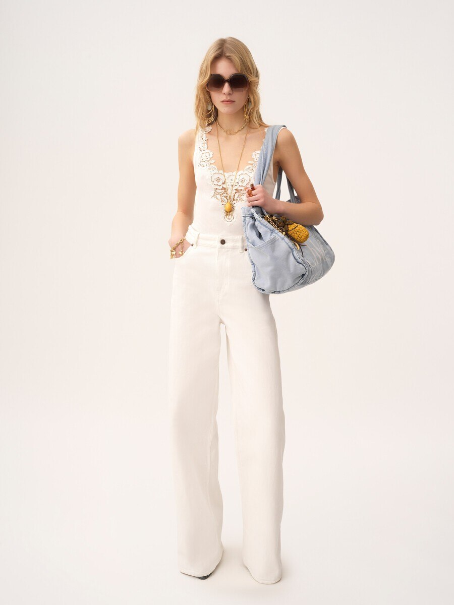 Fitted tank top in cotton jersey & guipure - 3