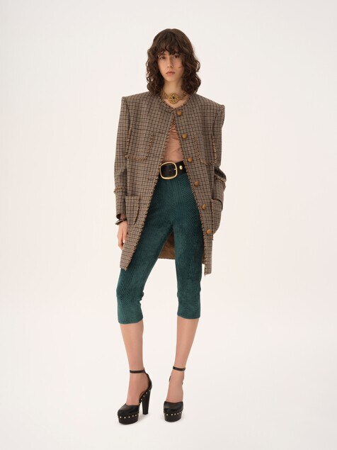 Single-breasted collarless coat in houndstooth wool