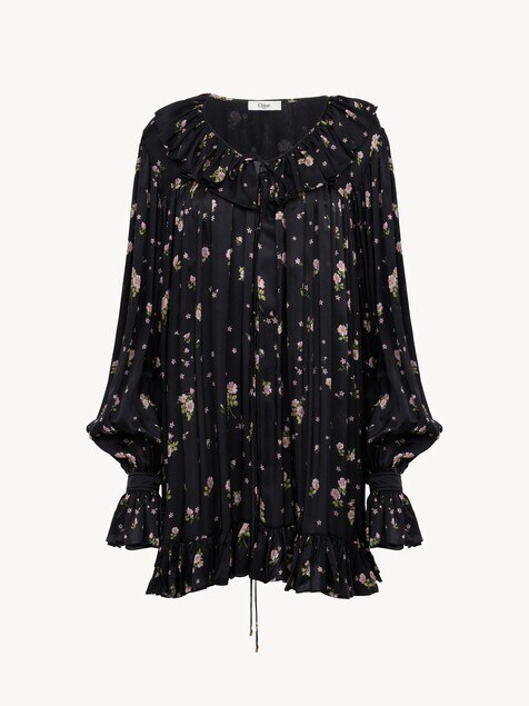 シルクシャルムーズ製ギャザー ロングスリーブ ミニドレス