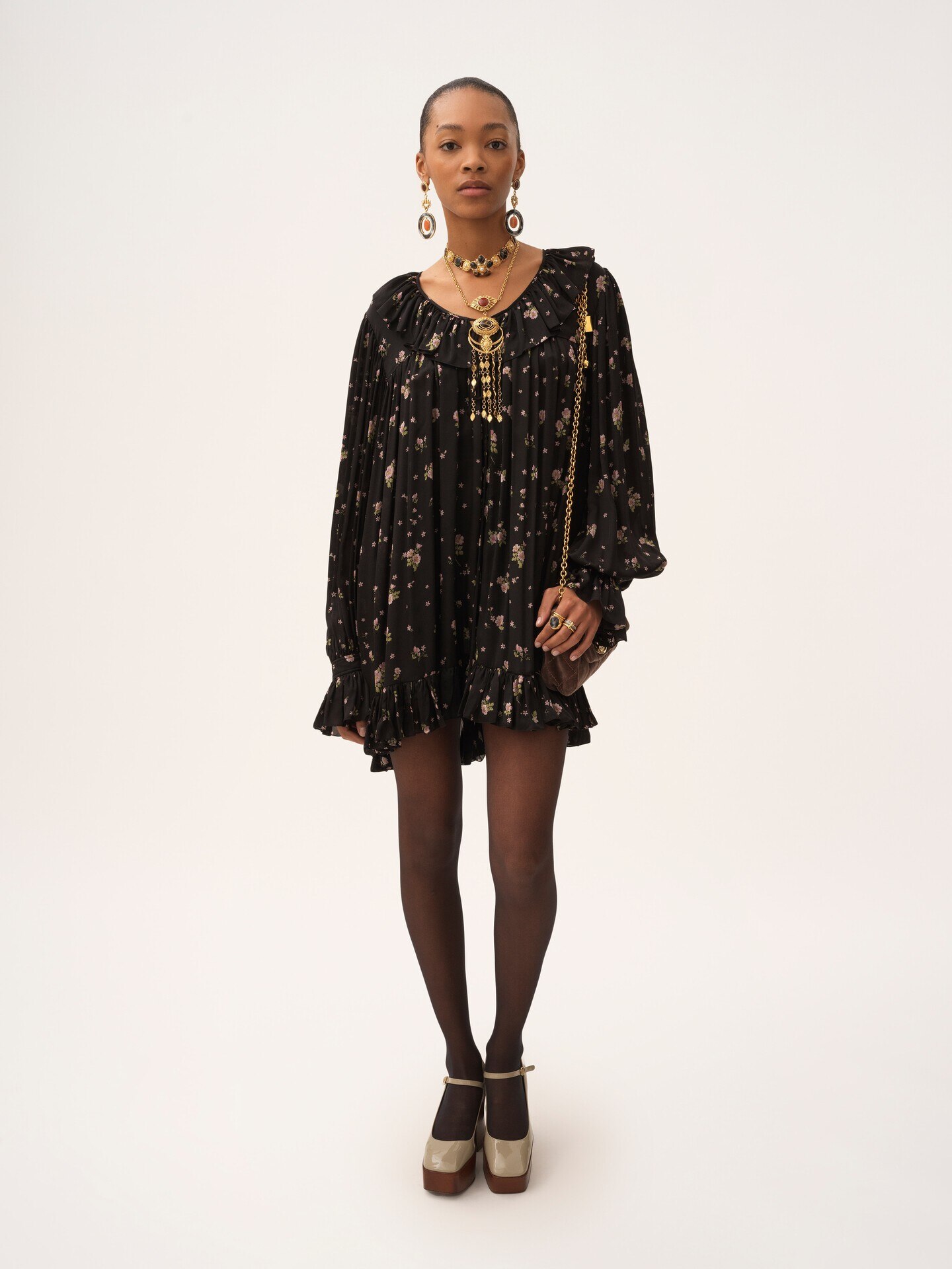 Gathered long-sleeve mini dress in silk charmeuse - 3