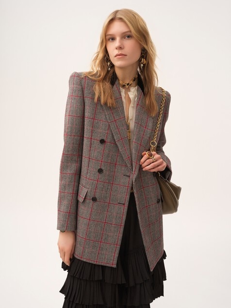 Veste blazer crois&eacute;e en laine &agrave; carreaux