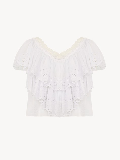 Cropped V-neck ruffle top in cotton voile & lace