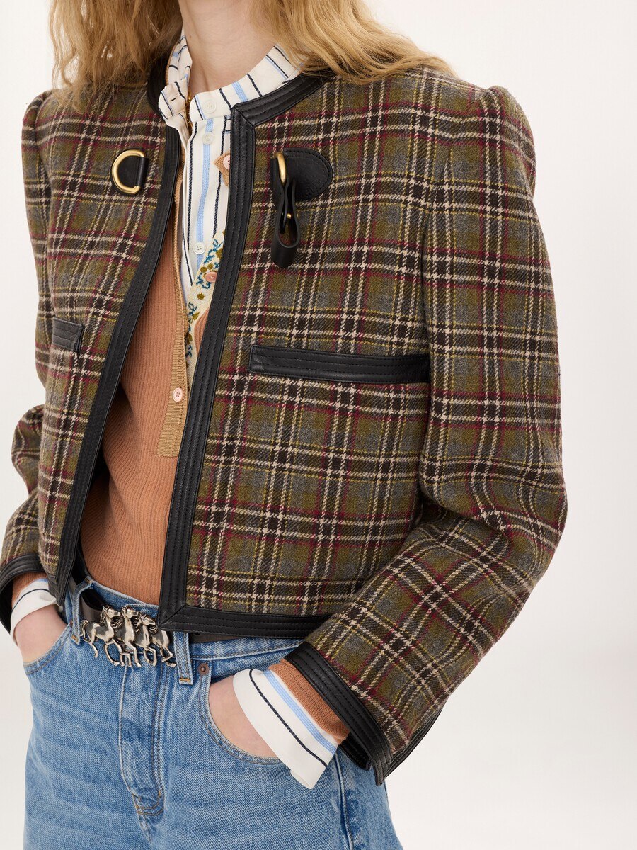 Veste courte droite sans col en laine &agrave; carreaux - 7