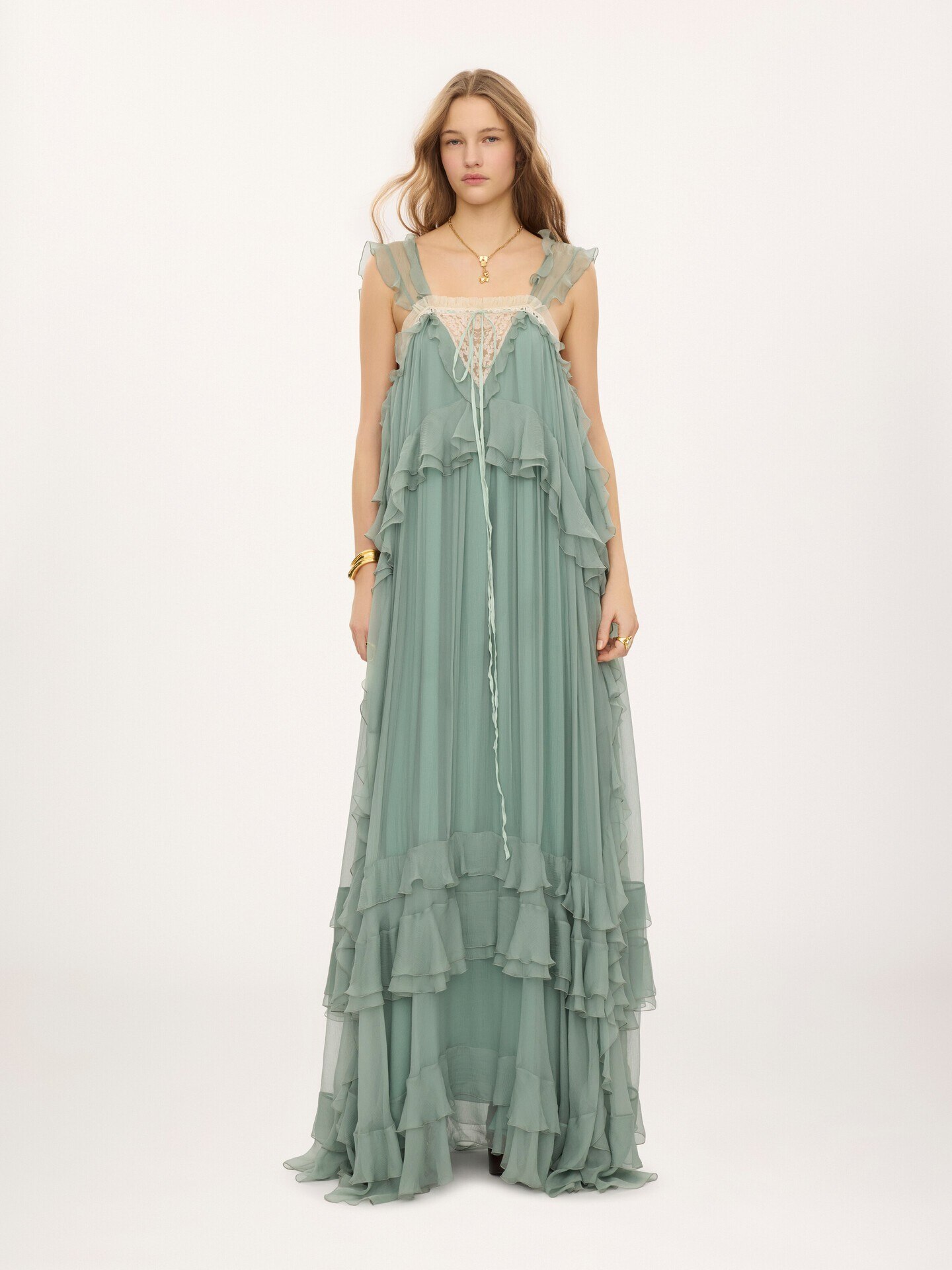 Sleeveless layered long dress in silk mousseline & lace - 3