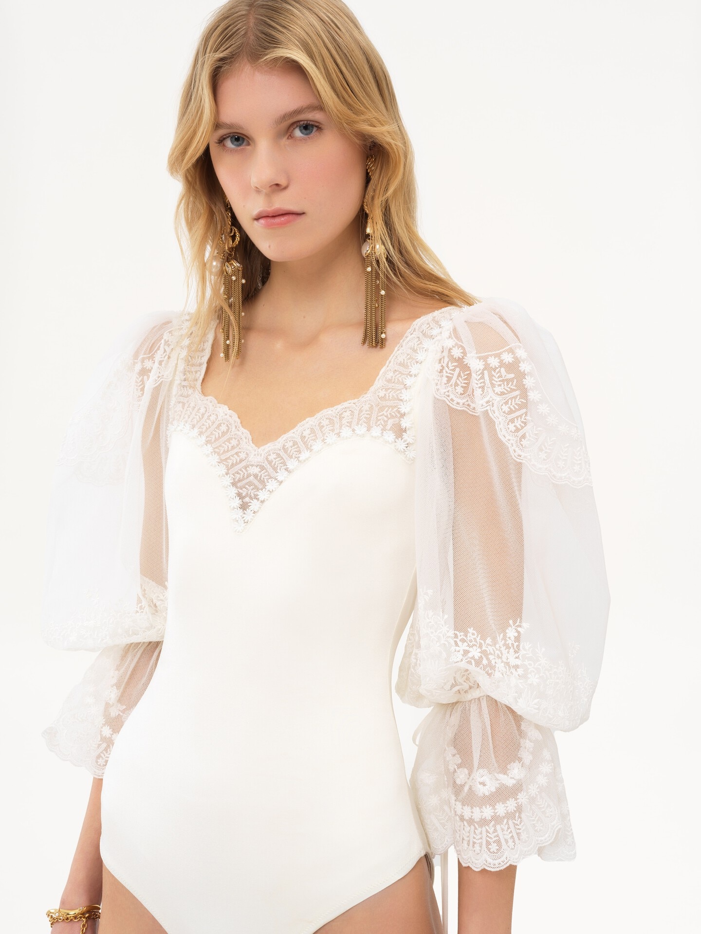 Puff-sleeve bodysuit in shiny stretch jersey & lace - 6