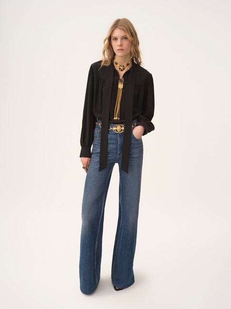 Maxi gathered lavalli&egrave;re blouse in cr&ecirc;pe de chine