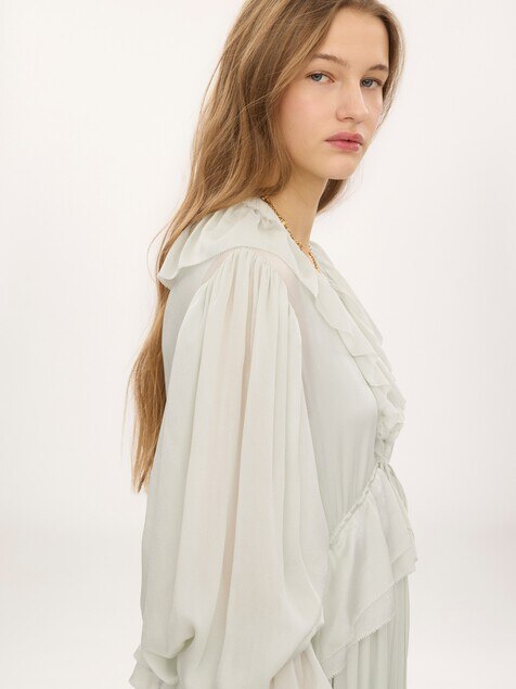 Long gathered dress in silk charmeuse