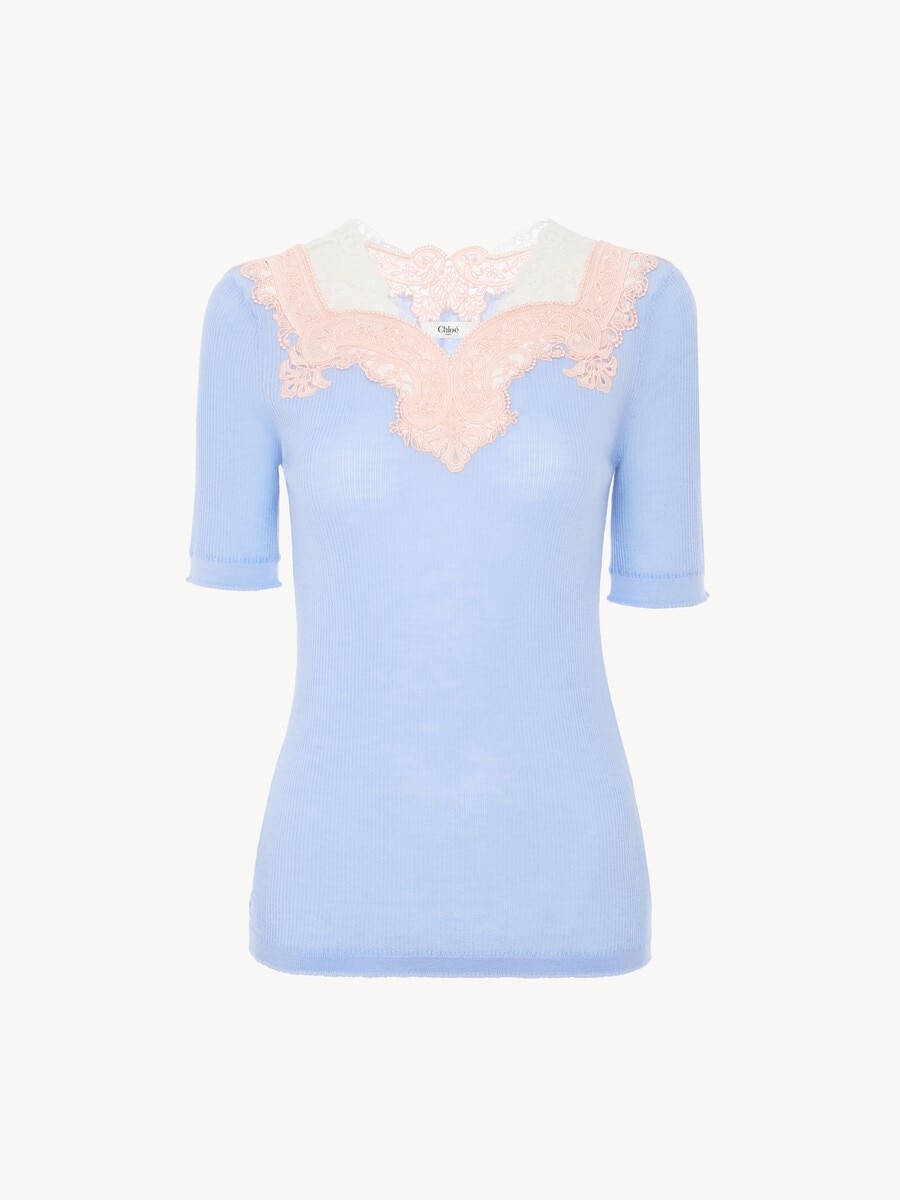 Elbow-sleeve fitted jumper in a wool knit & lace - 2