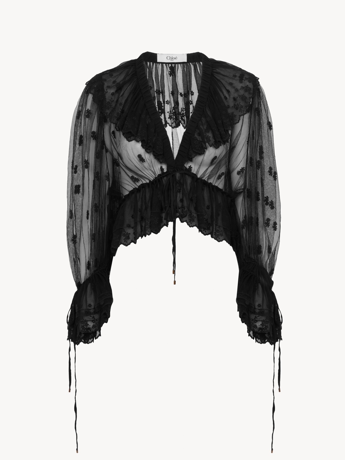 Top de volantes con cuello en V de encaje bordado - 1