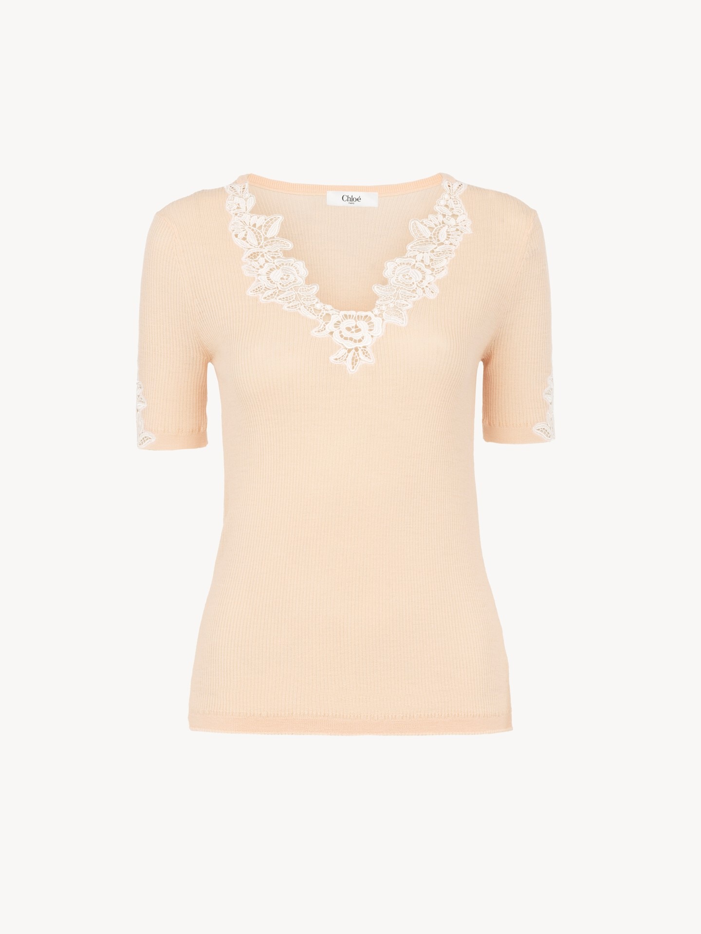 Fitted short-sleeve top in guipure lace wool knit - 1