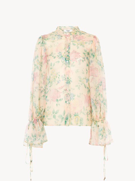 Puff-sleeve blouse in silk mousseline